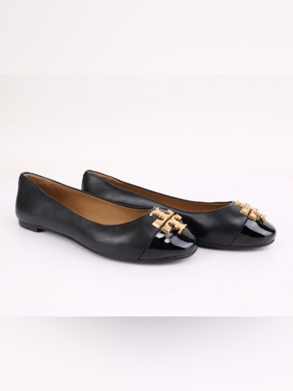 Tory Burch Black Cap Toe Ballet Flats Size 5.5M Gold Logo Leather Classic Shoes